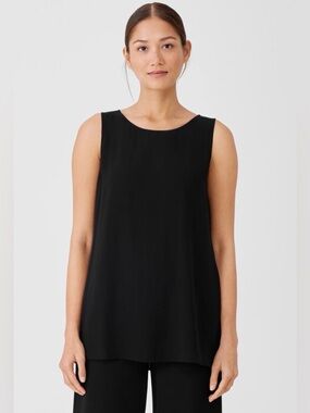 Eileen Fisher Silk Georgette Crepe Ballet Neck Tank Long Black S Tunic